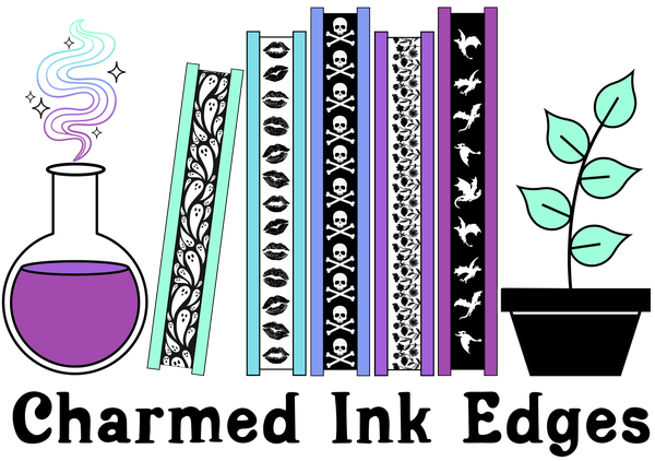 Logo for 'Charmed Ink Edges' with books, a beaker, and a plant on a white background.